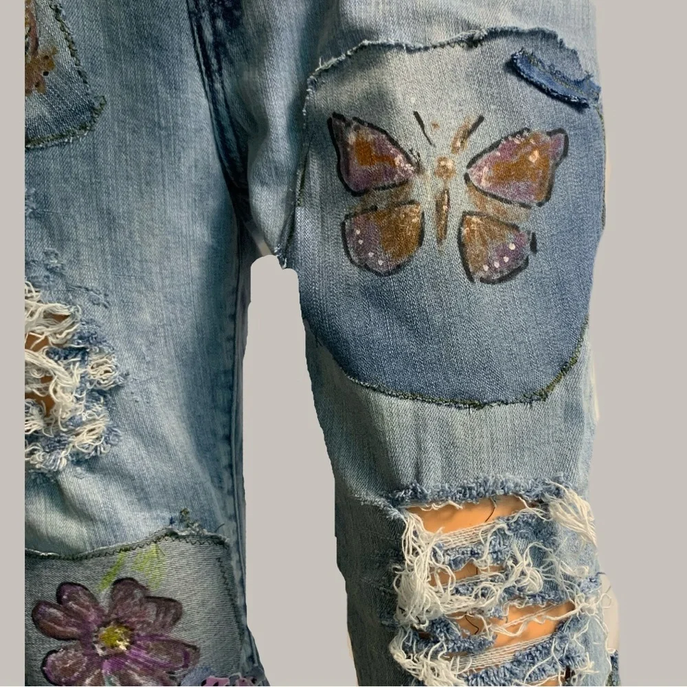 Homemade Patched Up Upcycled Blue Denim Cutoff Shorts - Picture 6 of 13
